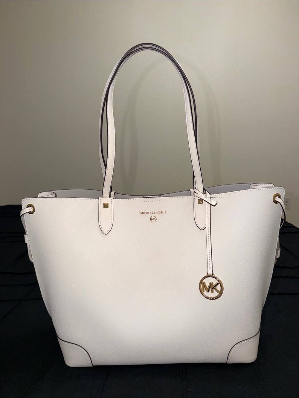 Michael Kors White Leather Tote with Gold MK Charm